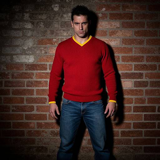 Photograph of a serious-looking man with short dark hair, wearing a red V-neck sweater with yellow trim, and blue jeans, standing against a dark