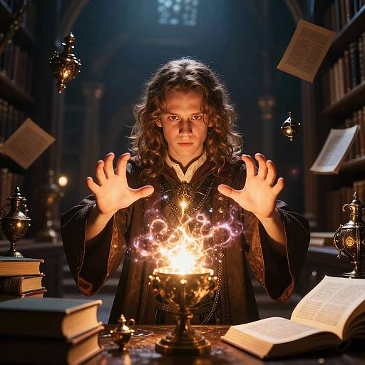 Photograph of a young wizard with long, curly brown hair, casting a spell over a glowing magical orb in a dimly lit, book-filled library