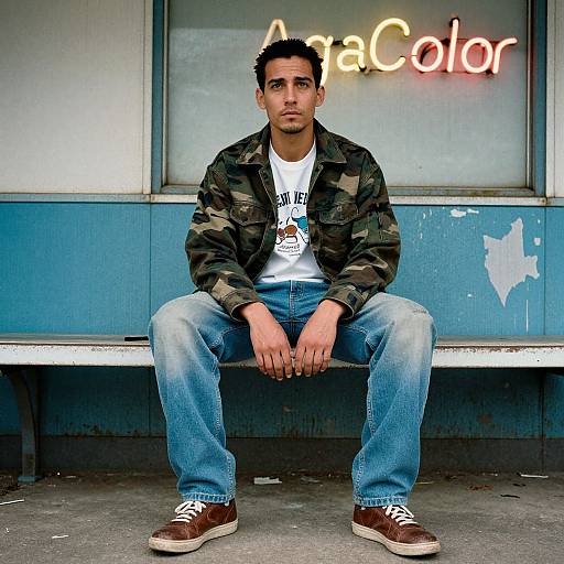 Contemplative Man in Camo Jacket