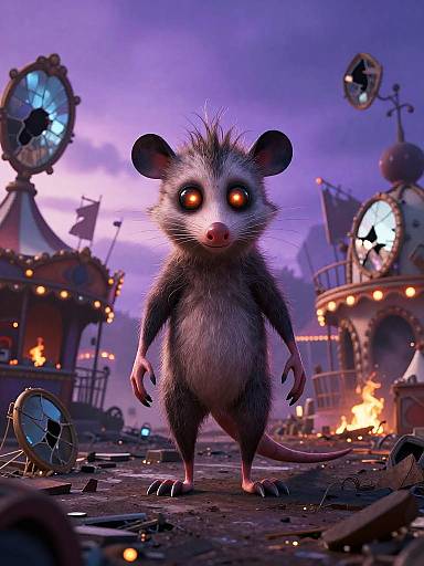 CGI image of a cute, glowing-eyed, spiky-haired opossum standing in a steampunk, clockwork, fire-lit,