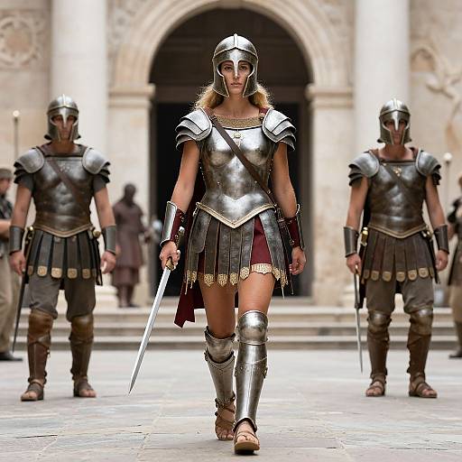 Photorealistic CGI of a female warrior in silver Roman armor with a helmet, skirt, and boots, leading two male guards, holding a sword,