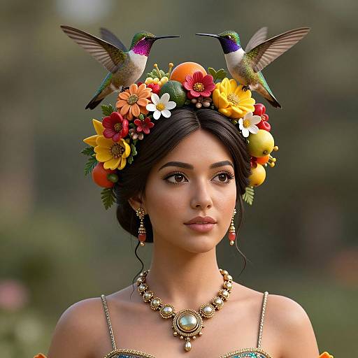 Floral Woman with Hummingbirds