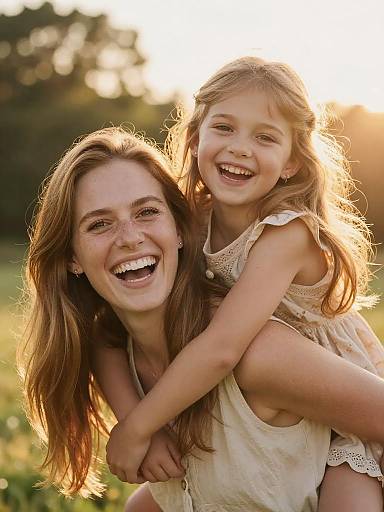 Joyful Mother Giving Daughter a Piggyback Ride Outdoors