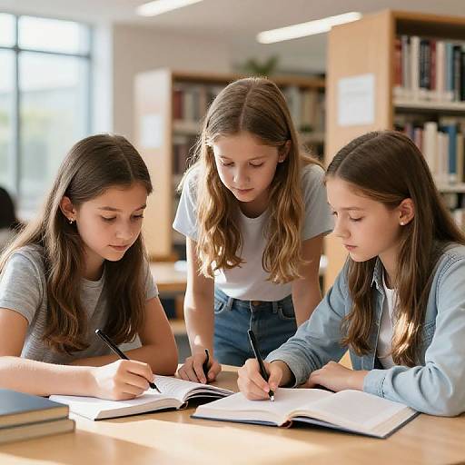 Photograph of three teenage girls with long brown hair, wearing casual clothes, focused on writing in open books at a sunlit library table.