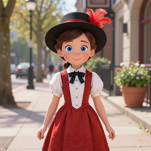 3D Animated Girl in Victorian Red Dress and Black Hat