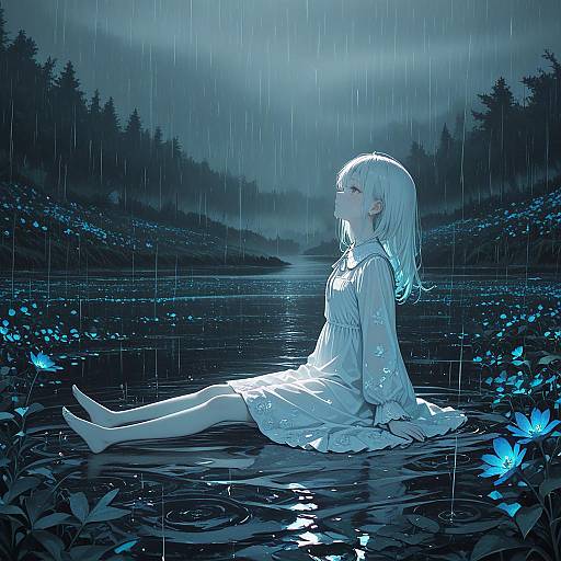 Elegant Girl in Monochrome Rain Scene