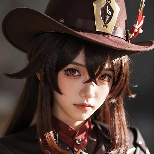 Photograph of a young woman in a dark brown cosplay outfit with a wide-brimmed hat, featuring a gold emblem and red feather, with sunlight