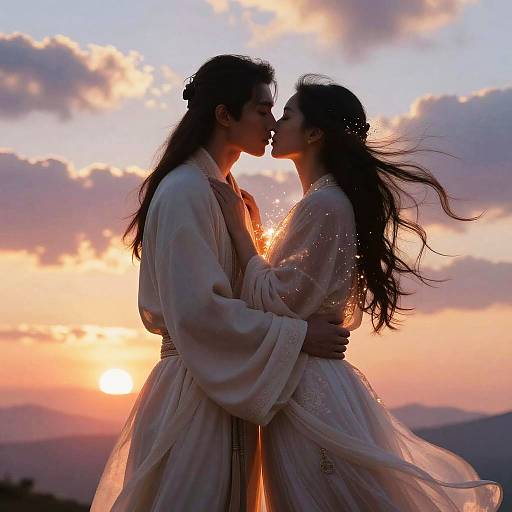 Romantic Couple Kissing at Sunset