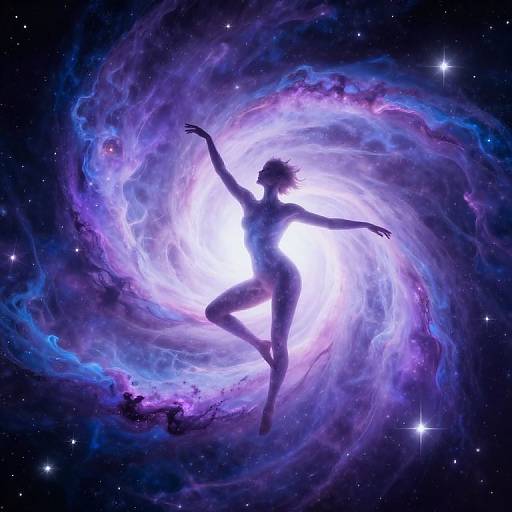 Silhouetted female dancer floating in a swirling cosmic nebula with vibrant purples, blues, and whites, surrounded by twinkling stars. Digital