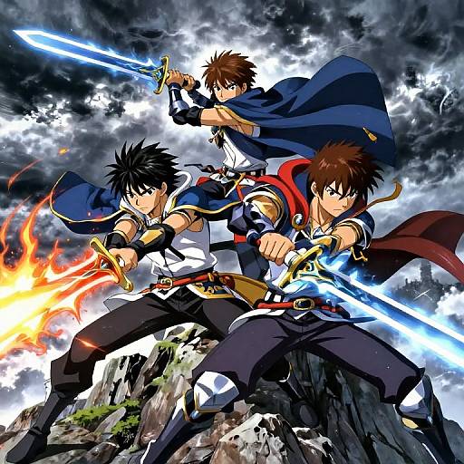Anime-style digital artwork of three brown-haired, blue-eyed male warriors with glowing swords, dark blue capes, and intense expressions, battling on a rocky