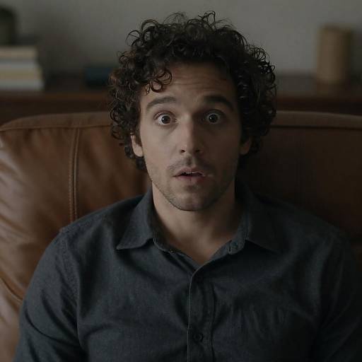 Surprised Man on Leather Couch