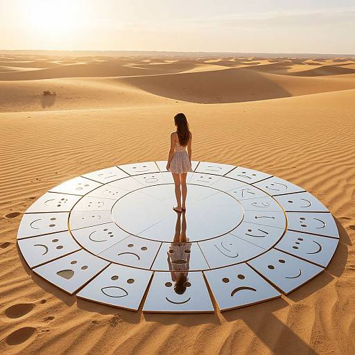 Photograph of a woman in a white dress standing on a circular, mirrored, sun-patterned platform in a golden desert.