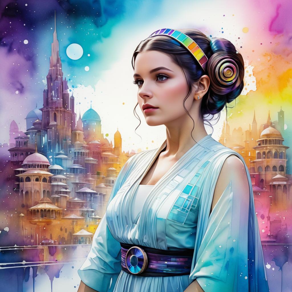 Vibrant Portrait of Princess Leia in Watercolor