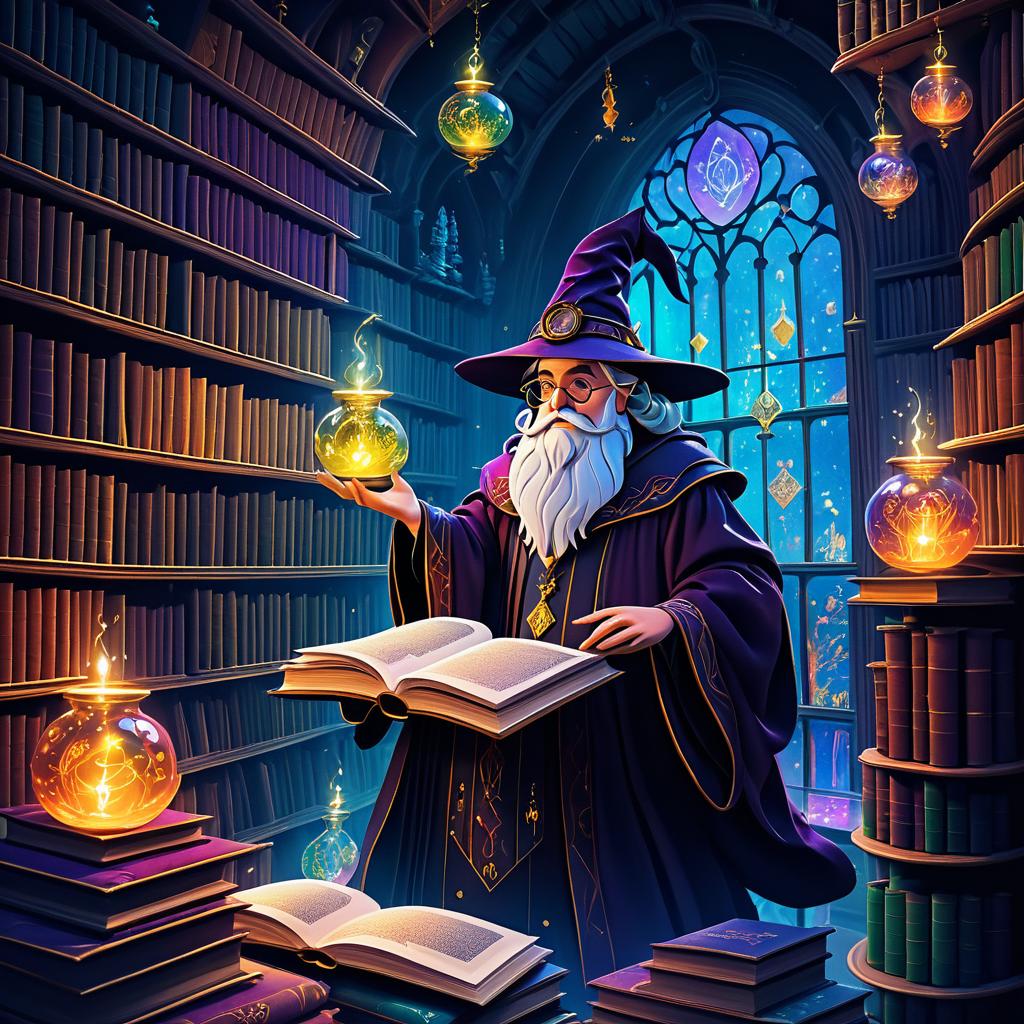 Enchanting Wizard in Mystical Library Art