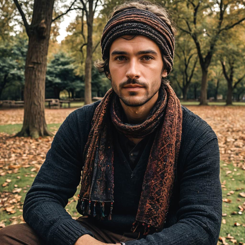 Bohemian Man in Rustic Park Setting