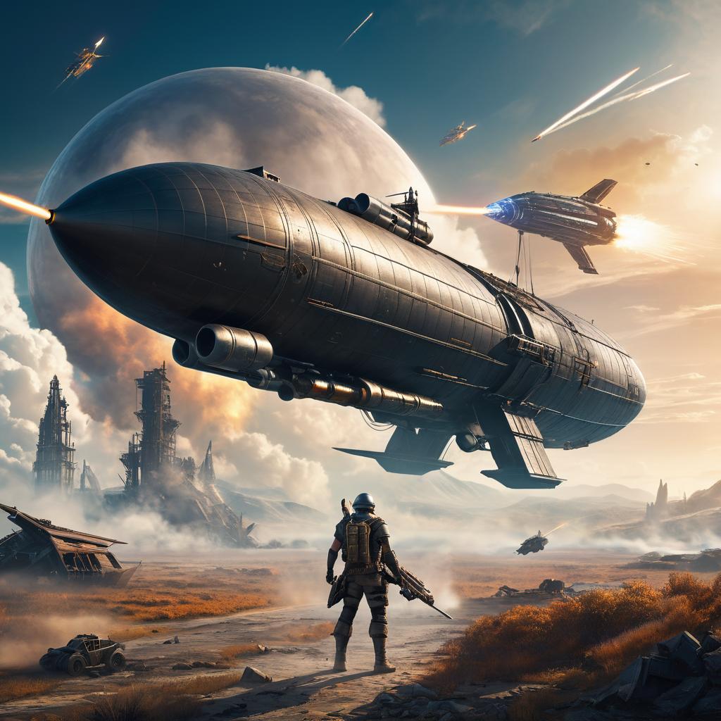 Futuristic Warrior Engaging Airship Battle