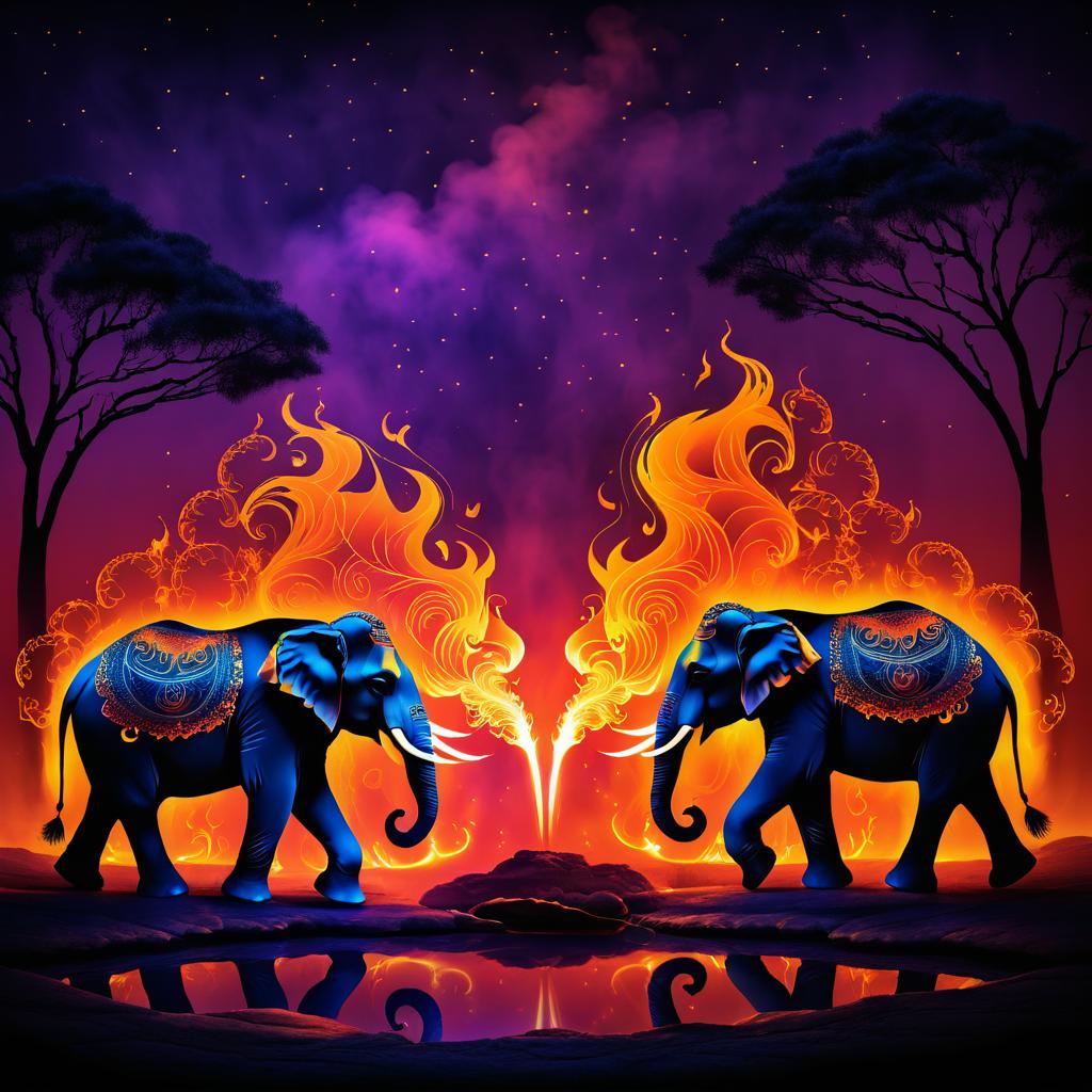 Dynamic Fire Painting of Elephants at Twilight