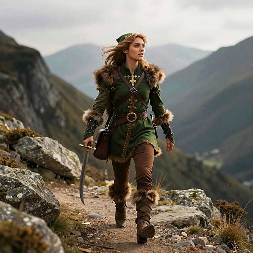 Photograph of a determined young woman with long brown hair, wearing a green medieval-style fur-trimmed coat, brown pants, and boots, holding
