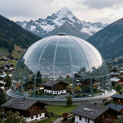 Photograph of a glass dome building in a mountain village, reflecting snowy peaks; surrounded by traditional wooden houses, lush greenery, and overcast sky