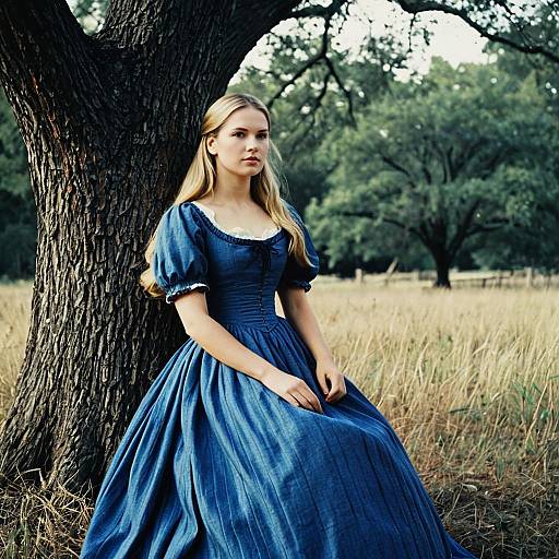 Woman in Blue American Civil War Dress Outdoors