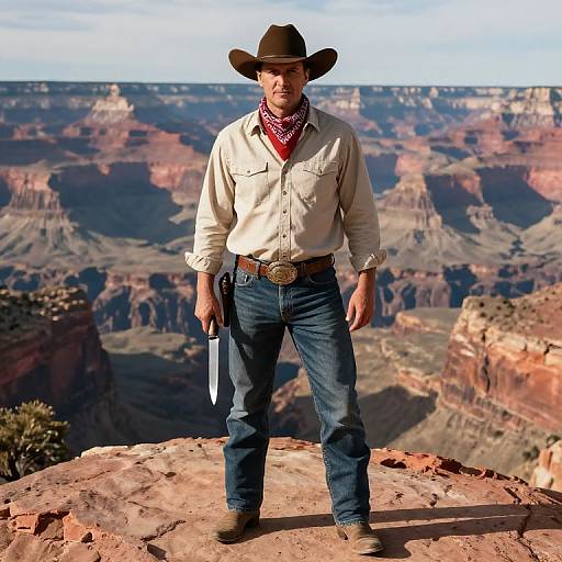 Photograph of a rugged, middle-aged man in cowboy hat, beige shirt, blue jeans, red bandana, holding knife, standing on Grand Canyon