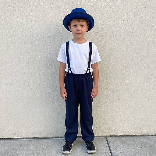 Photograph of a young boy with light skin and short brown hair, wearing a blue hat, white shirt, black suspenders, and pants, standing