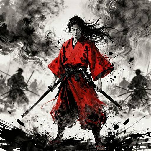 Digital anime-style artwork of a fierce warrior in a red kimono, wielding swords, surrounded by chaotic black and white ink splatters.