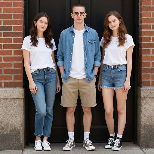 Photograph of a family: father in denim shirt and khaki shorts, two daughters in white tops and denim shorts, standing in front of a brick