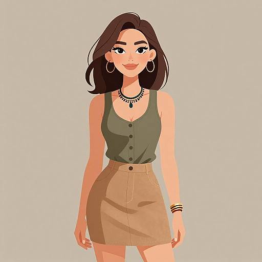 Digital illustration of a smiling woman with medium-length brown hair, wearing a green tank top, beige skirt, large hoop earrings, necklace, and bracelets,