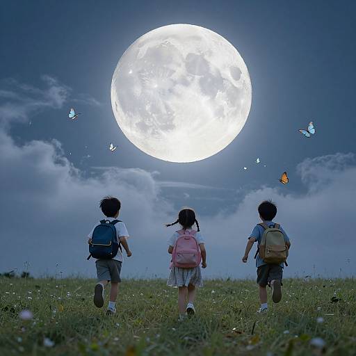 Photograph of three children with backpacks running toward a glowing full moon in a grassy field, with butterflies flying around.