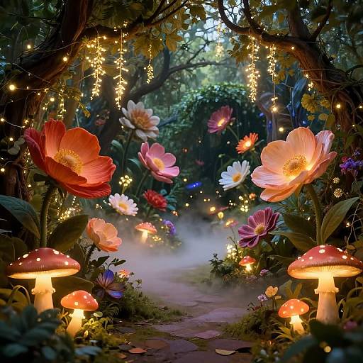 Dreamy forest pathway adorned with glowing fairy lights, vibrant flowers, and illuminated red mushrooms, creating an enchanting, magical nighttime scene.