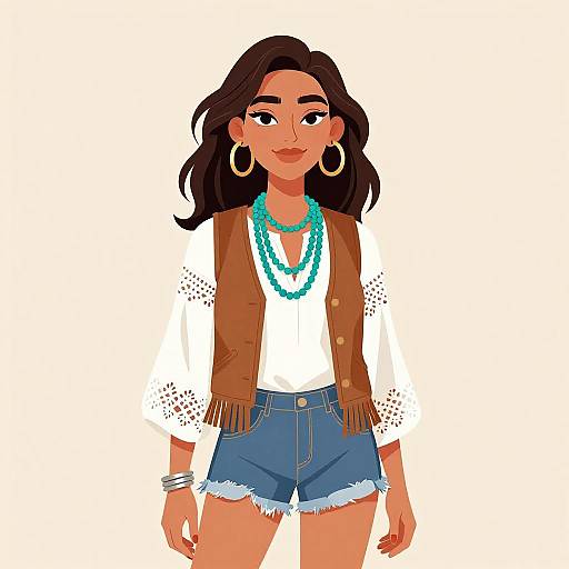 Digital illustration of a confident Latina woman with dark hair, wearing a brown fringed vest, white blouse, blue shorts, turquoise necklace, and hoop earrings