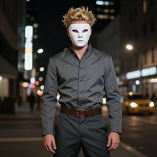 Photograph of a blonde man in a white mask, gray button-up shirt, black pants, and brown belt, standing on a nighttime city street with