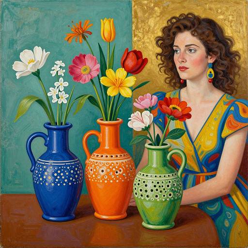 Vibrant Ceramic Jugs and Woman Portrait