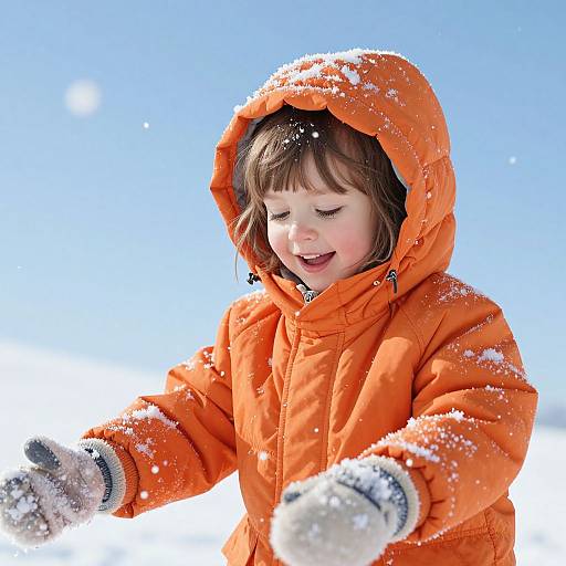 Photograph of a happy young girl in an orange winter coat and grey mittens, snowflakes falling on her face, against a bright blue sky