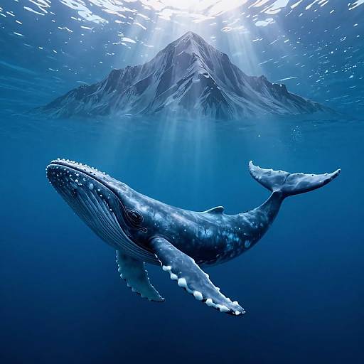Photograph of a majestic blue whale swimming beneath a sunlit, snow-capped mountain peak, with sunlight filtering through the deep blue ocean water.