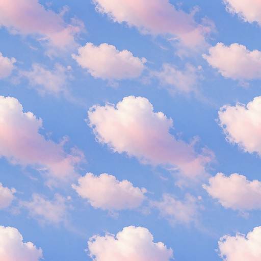 Photograph of a bright blue sky filled with fluffy, white cumulus clouds, some tinged with soft pink and gray edges.