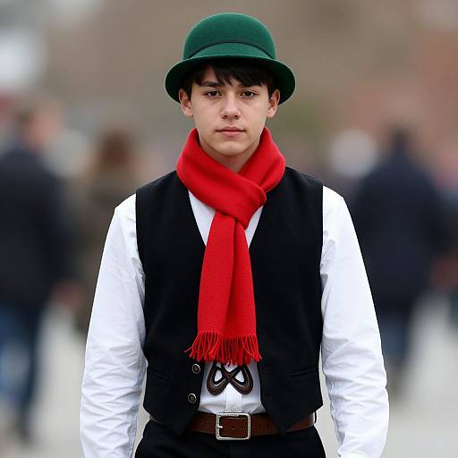 Photograph of a young man with fair skin, wearing a green hat, white shirt, black vest, and vibrant red scarf, standing outdoors with a