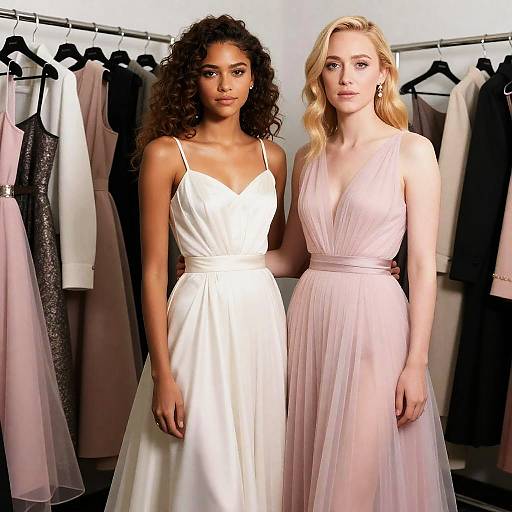 Photograph of two women in elegant dresses; one in white, the other in pale pink, standing in front of a rack of formal gowns.