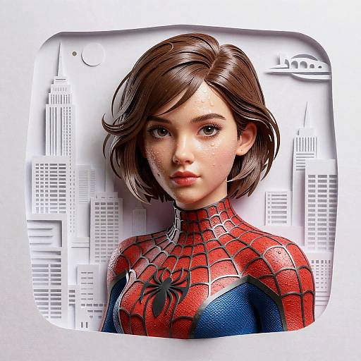Digital artwork of a young woman with short brown hair in a red and blue Spider-Man suit, set against a white, cityscape background. Realistic