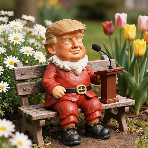 Photograph of a painted, cartoonish Donald Trump figurine in red suit, black belt, and black shoes, sitting on a wooden bench, speaking