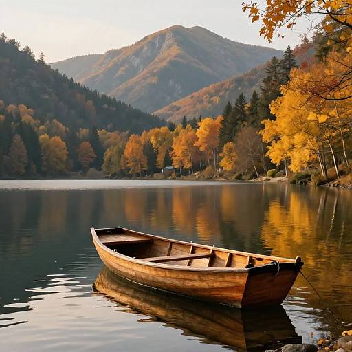 Photograph of a wooden rowboat floating on a calm lake, surrounded by autumn-colored trees and reflected in the water, with mountains in the background.