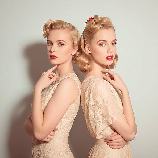 Photograph of two blonde women with vintage hairstyles, wearing lace dresses, back-to-back, posing with fingers to lips, red lipstick.