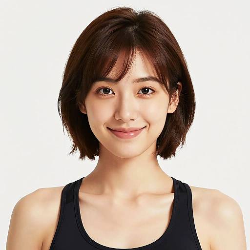 Photograph of a young Asian woman with short, dark brown hair, wearing a black tank top, smiling softly against a white background.
