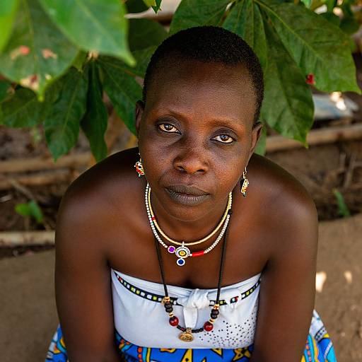 Photograph of a dark-skinned African woman with short hair, wearing a white strapless top, colorful skirt, and multiple bead necklaces, sitting