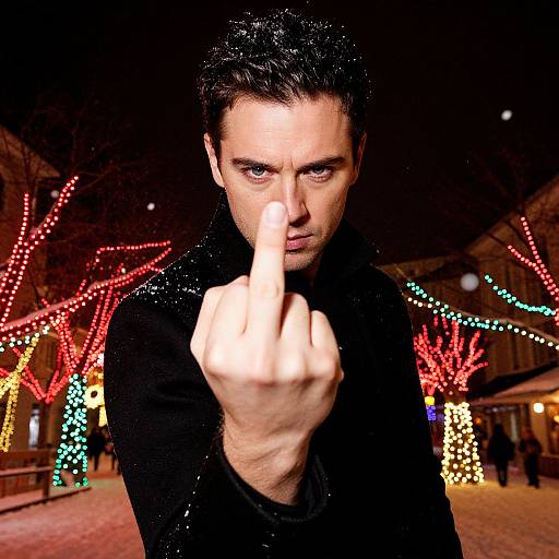 Photograph of a serious, fair-skinned man with dark hair, wearing a black coat, pointing a finger forward against a festive, nighttime background with