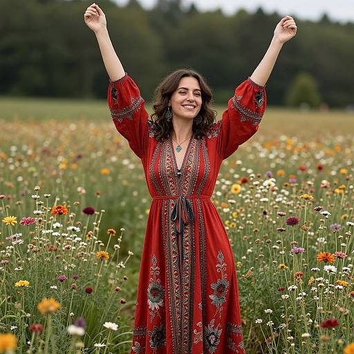 Photograph of a smiling woman with curly brown hair, wearing a red embroidered dress, standing joyfully in a colorful wildflower meadow.