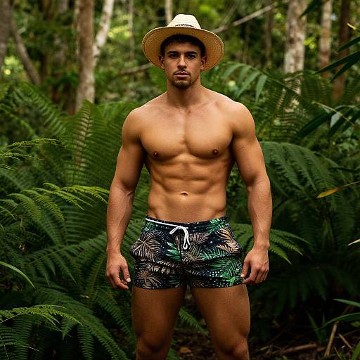 Muscular Man in Lush Tropical Forest