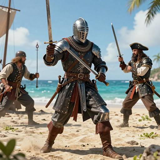 Photorealistic digital artwork of three armored pirates with swords on a sunny beach, ocean in background, one in front leading charge.