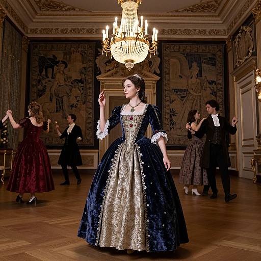 Photograph of a ballroom scene: Elegant woman in blue velvet Renaissance-style gown with gold embroidery, dancing under grand chandelier, surrounded by men and